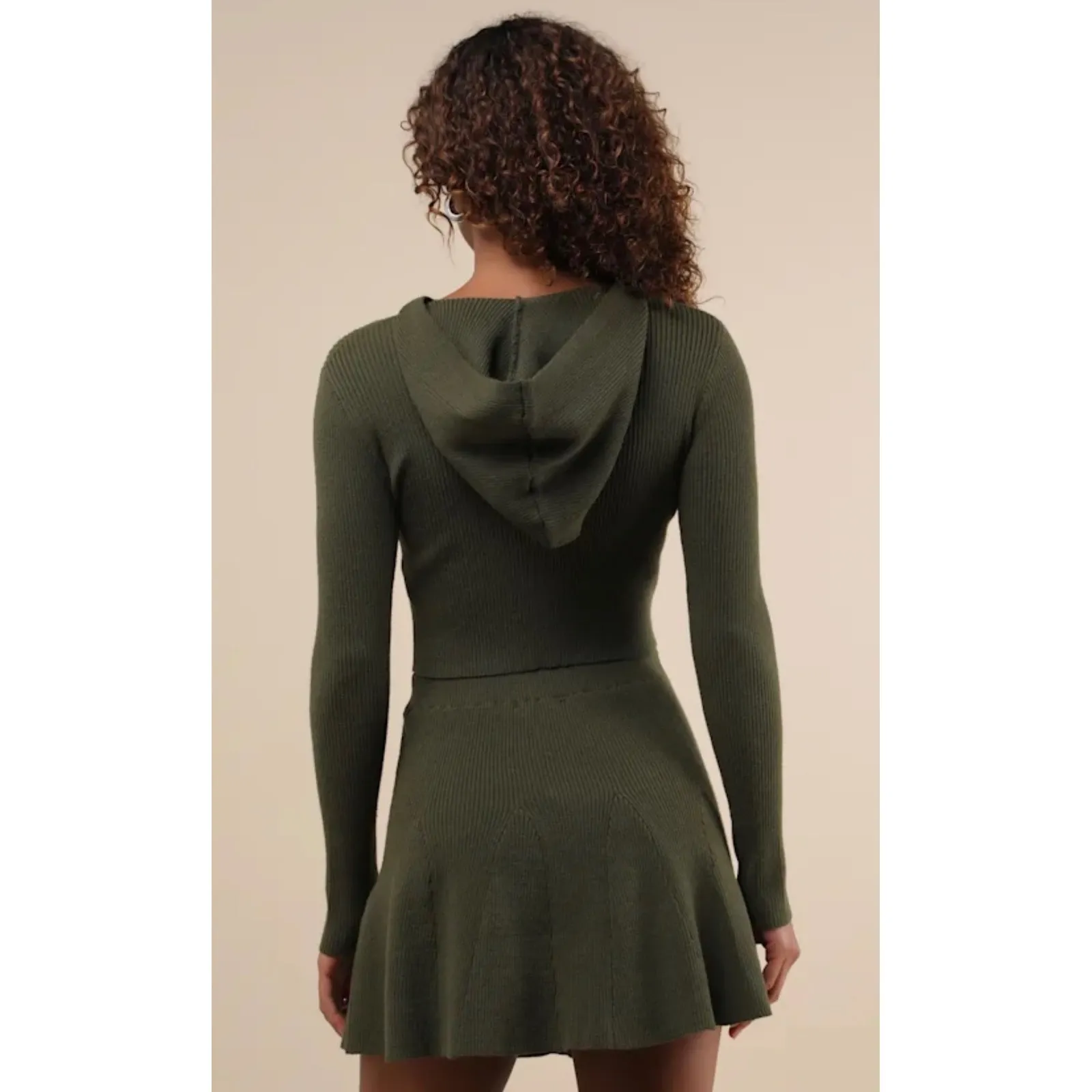 Lulus Olive Ribbed Knit Hooded Cropped Sweater Mini Skirt Set Two Piece Size L - Image 2