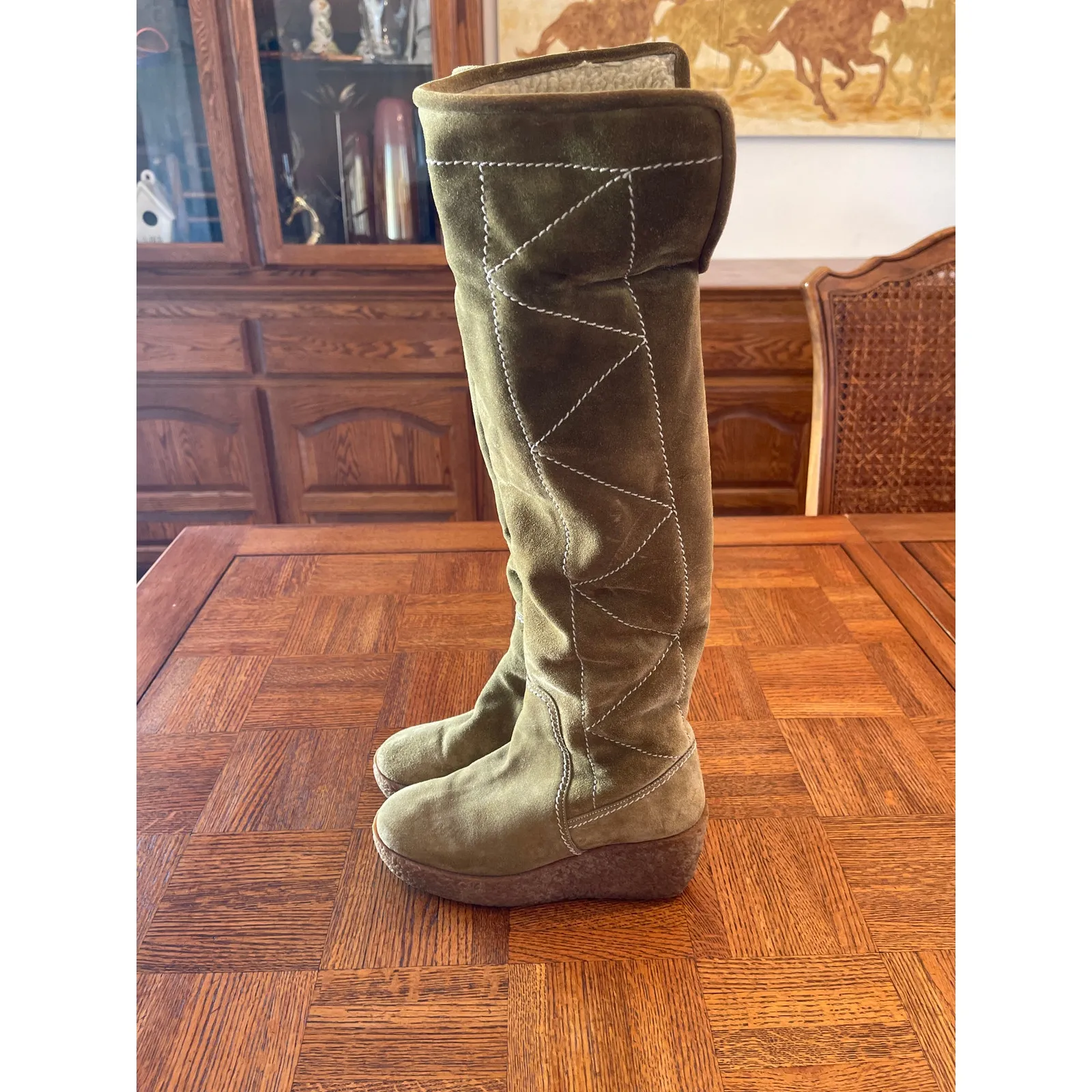 KORS MICHAEL KORS MADE IN ITALY TALL SUEDE SHERPA LINED FOLD OVER BOOTS GREEN 6 - Image 4