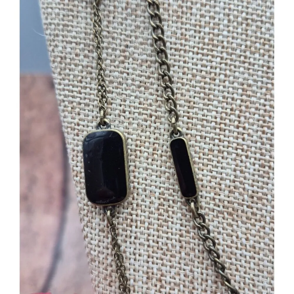 LOFT Black & Gray Double Chain Gun Metal, Enamel & Crystal Station Necklace 32" - Image 7