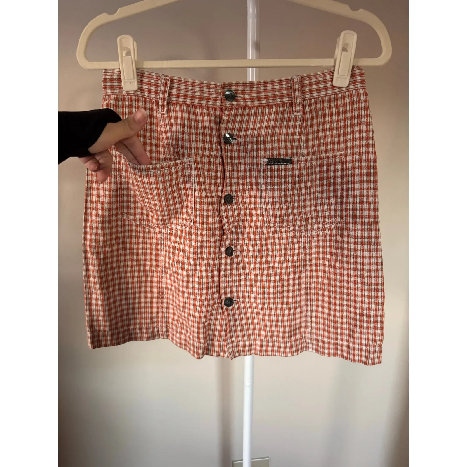 Vintage Calvin Klein Button Orange Plaid Gingham Mini Skirt - sz 10 Cottagecore - Image 2
