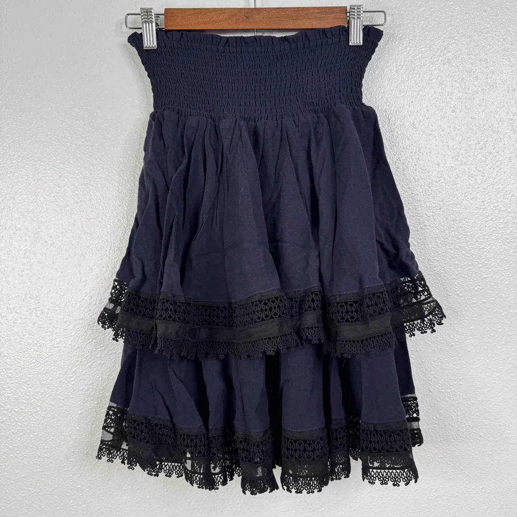 Maje Navy Tiered Black Lace Trim Skirt Size 1/Small - Image 2