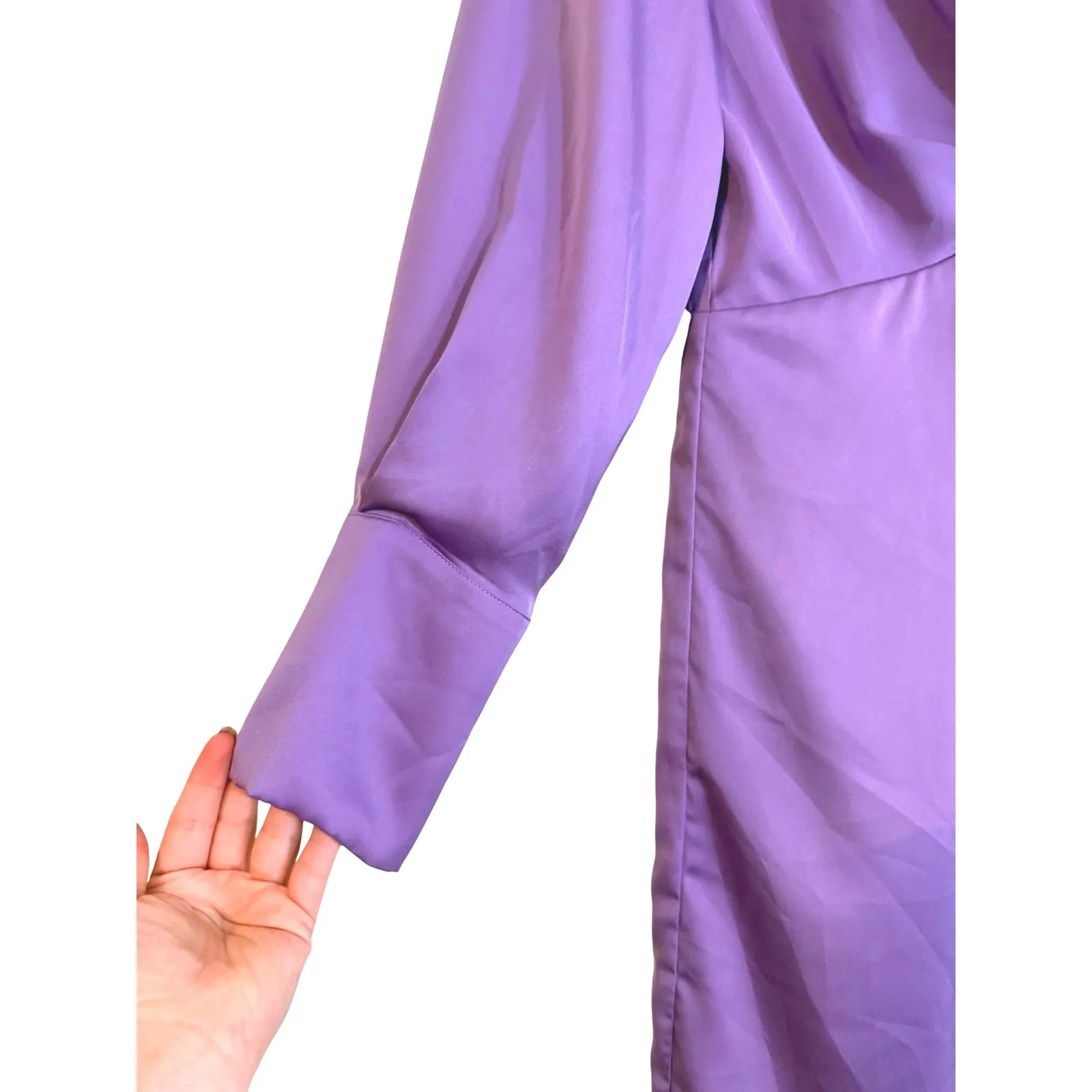 LUCY PARIS Purple Satin Twist Front Collared Long Sleeve Shirt Dress Size L - Image 5