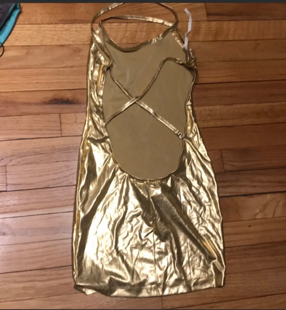 Y2k All Nom De Plume Backless Bodycon Lame Shiny Metallic Crisscross Straps Mini - Image 3