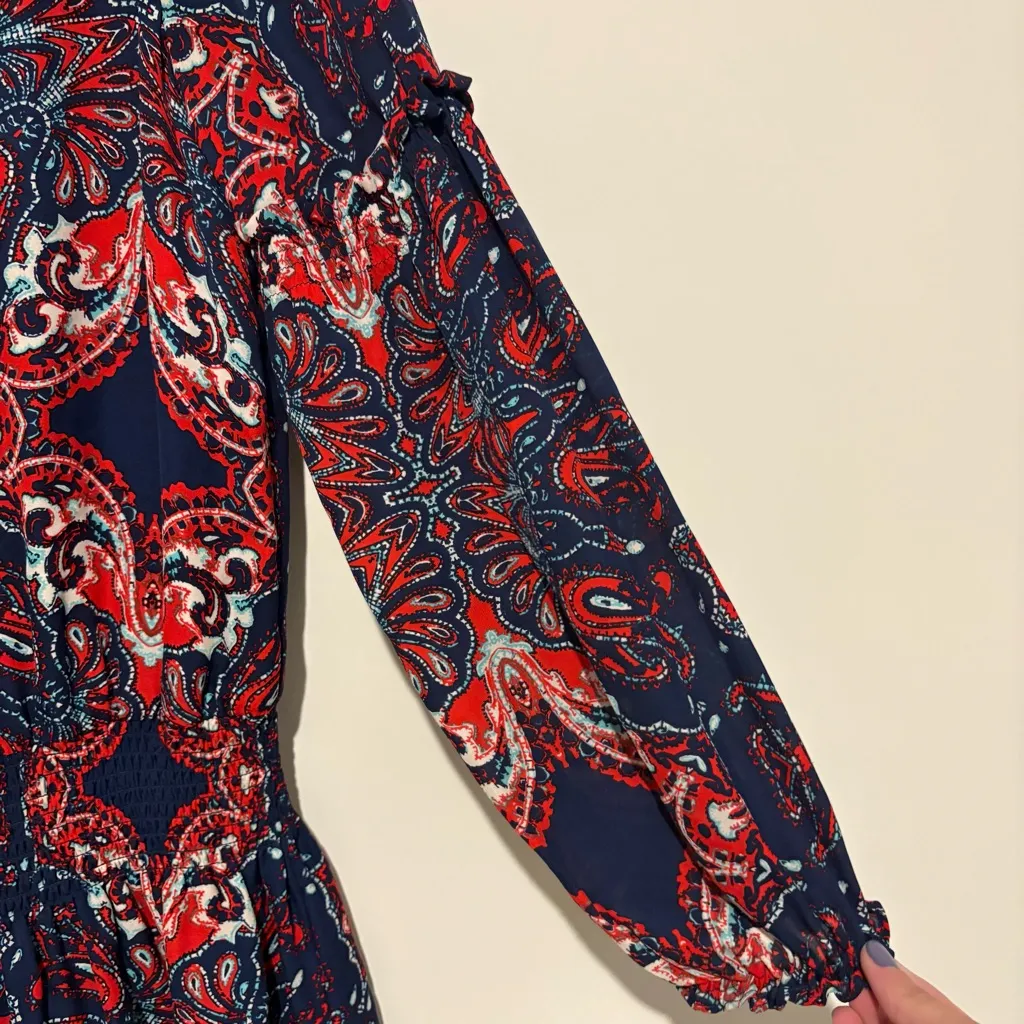 Parker Paisley Long‎ Sleeve Silk Blouson Smocked Boho Mini Dress Blue Red XS - Image 6