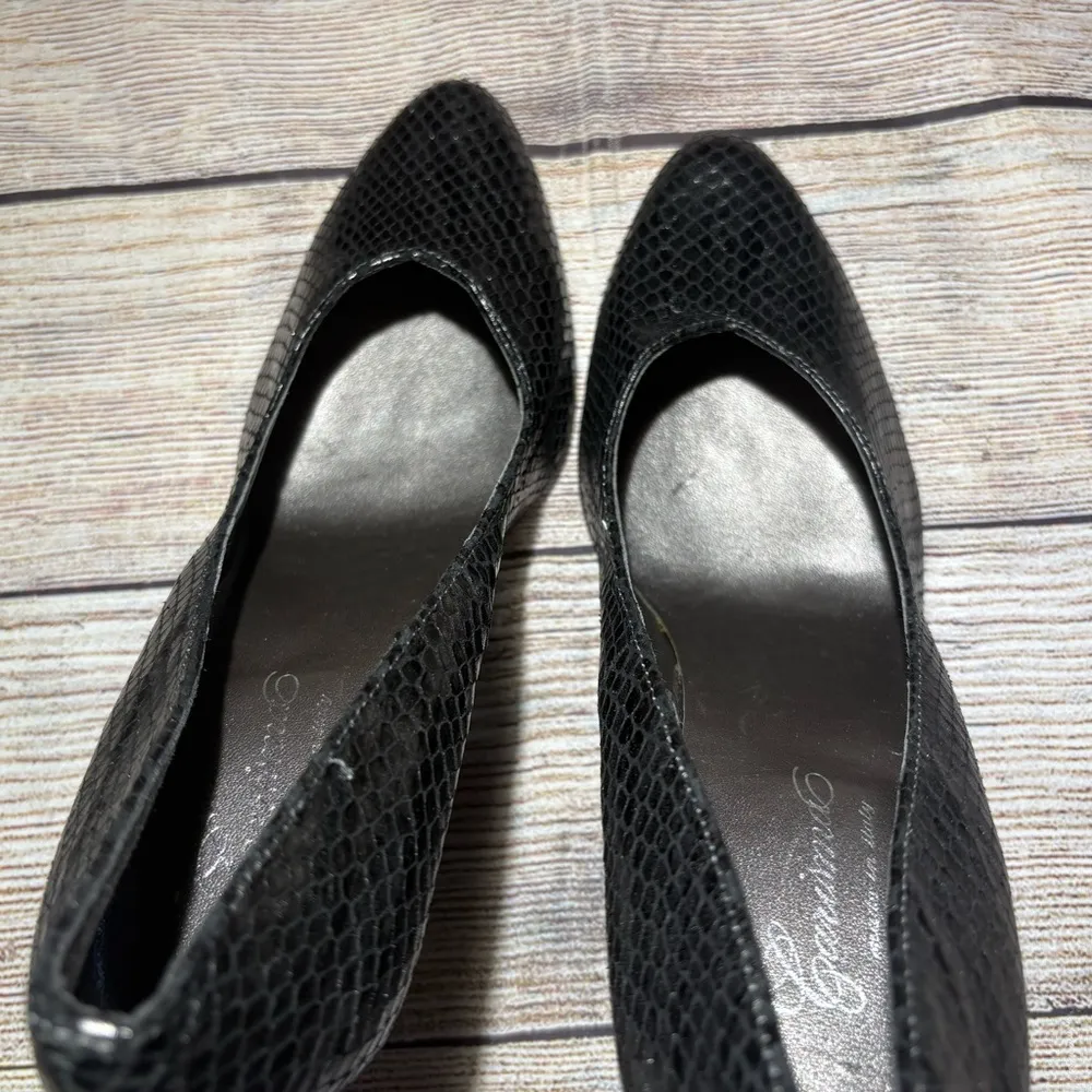 Carisma Women’s Sz 8.5 Black Leather Snake Print With Red Bottom Stiletto Heels - Image 7