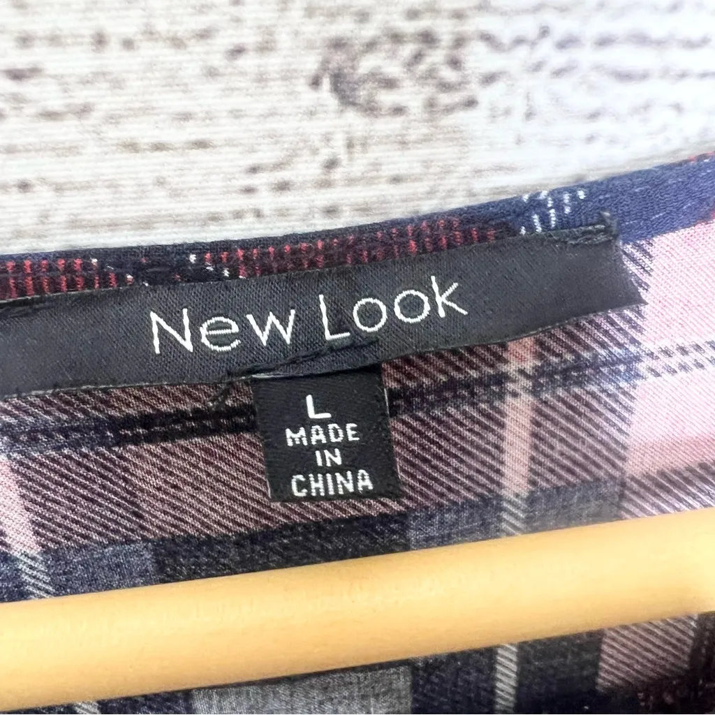 New Look Red & Blue Plaid Zipper V-Neck 3/4 Sleeve Top Size Large Fall Classic - Image 10