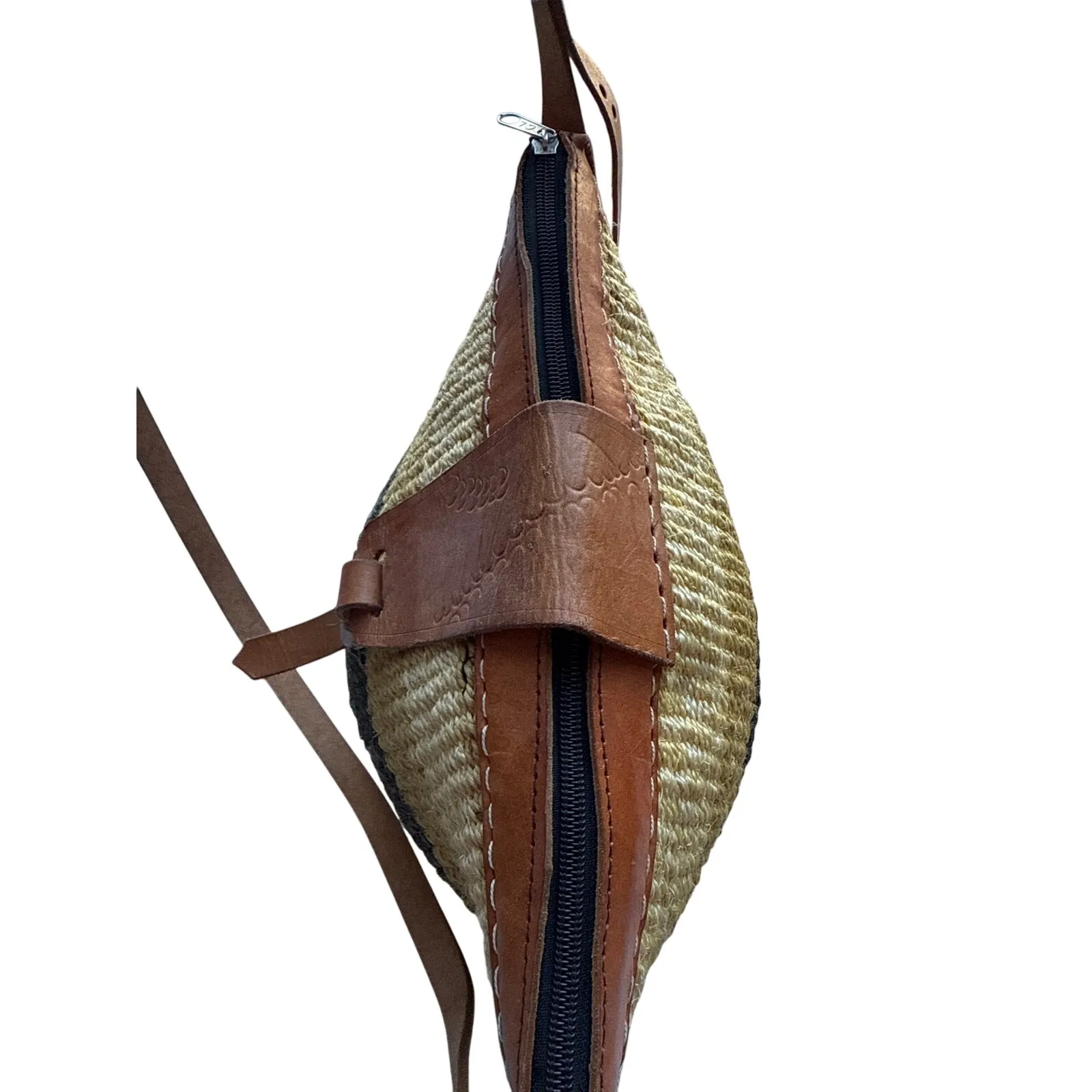 Vintage Medium Sisal & Tooled Leather Adjustable Crossbody Bag in Neutral Colors Yellow - Image 5