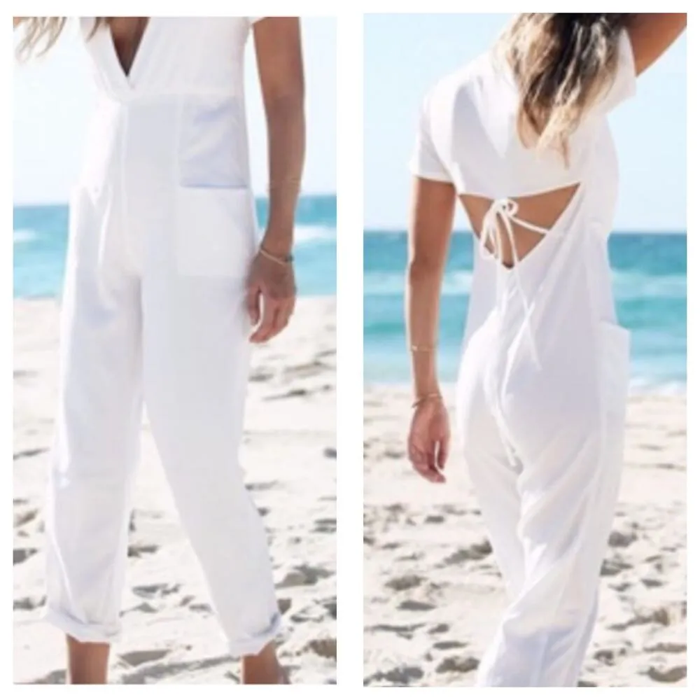 Sabo Skirt White Jumpsuit Size XS Short Sleeve Cut Out Back Bridal Lightweight - Image 15