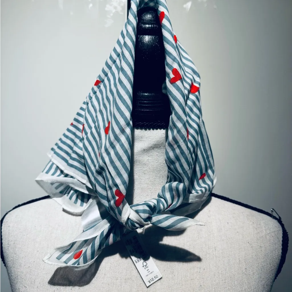 Madewell Gray Striped Scarf with Red Hearts - Image 4