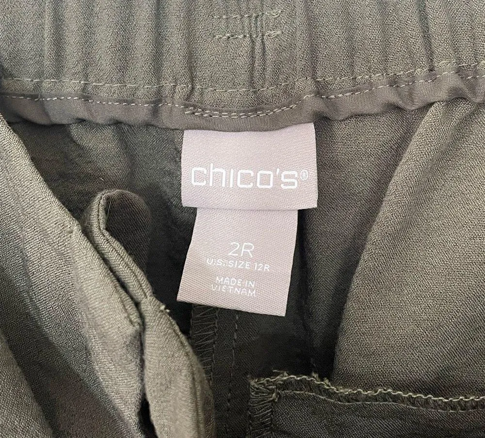 Chico’s Green Cargo Pockets Elastic Waist Tie Belt Pants ~ Size 2R (US 12R) - Image 5