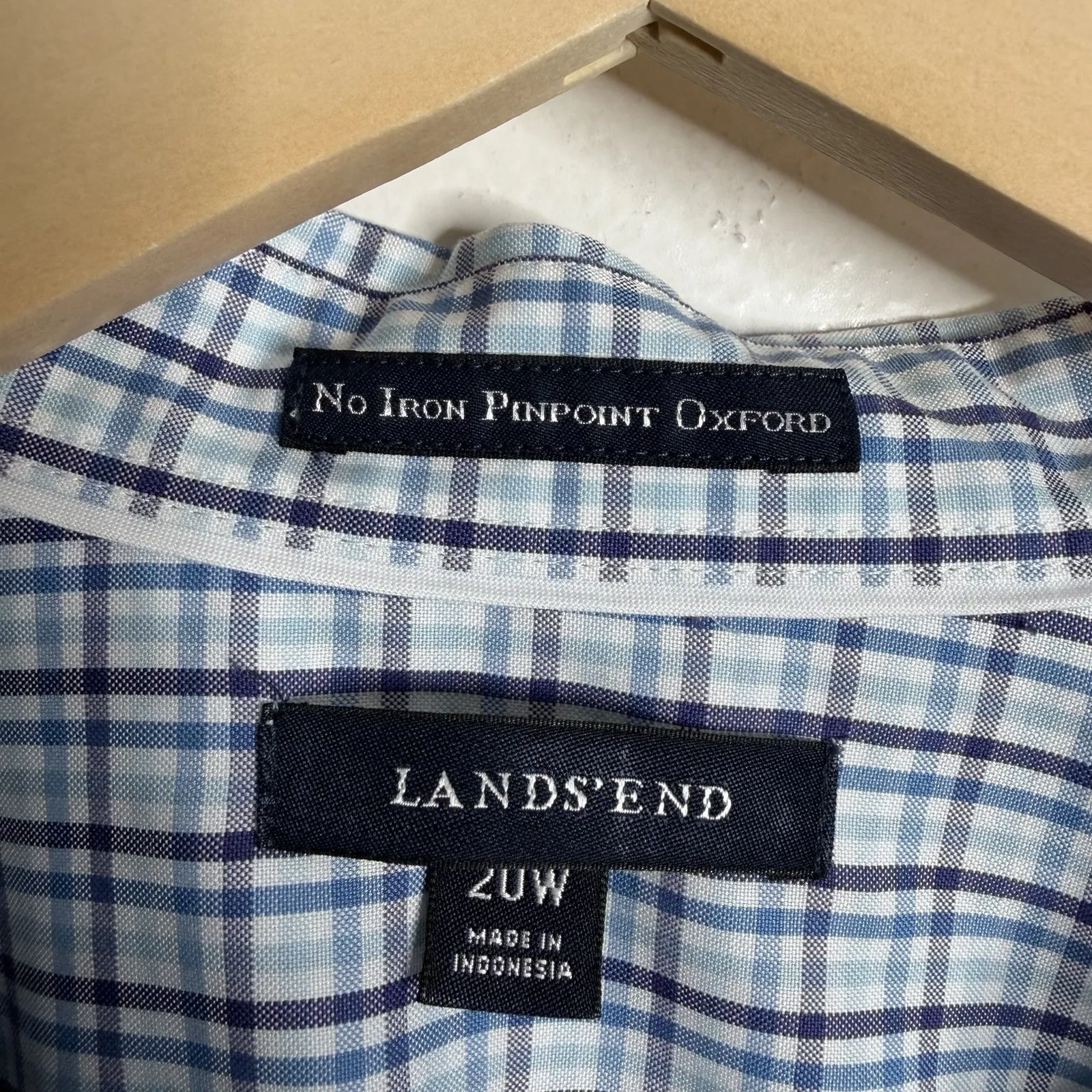 Lands End Women's 20W Pinpoint Oxford Blouse Blue Plaid Casual Workwear Dressy - Image 3