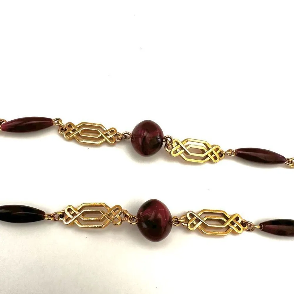 Gold tone and brown/red long beaded necklace - Image 4