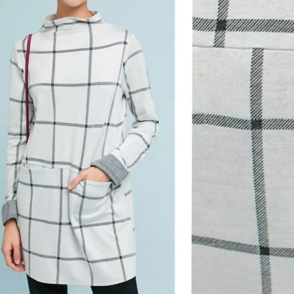 ANTHROPOLOGIE POSTMARK Windowpane Sweater Tunic Mini Dress Plaid‎ Medium M Gray - Image 2