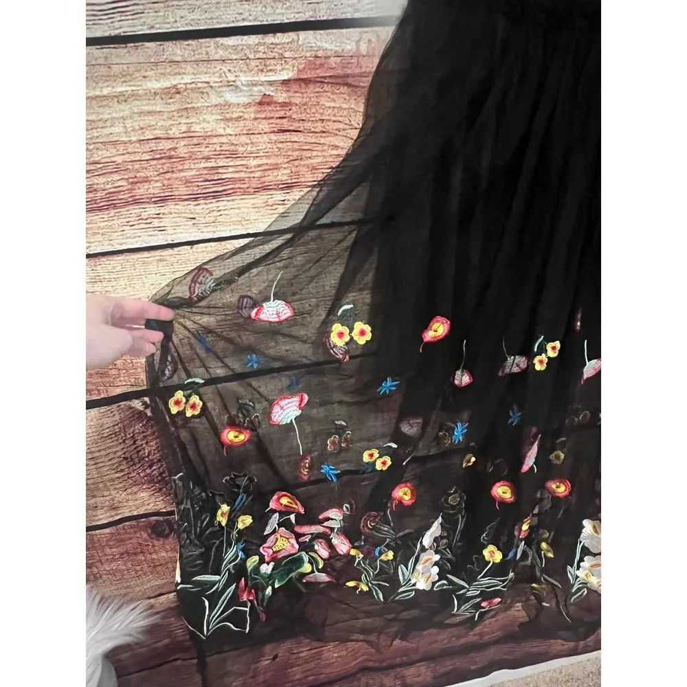 L'Atiste by Amy Floral Embroidered Mesh Midi Dress Gown Homecoming Prom Black S - Image 6