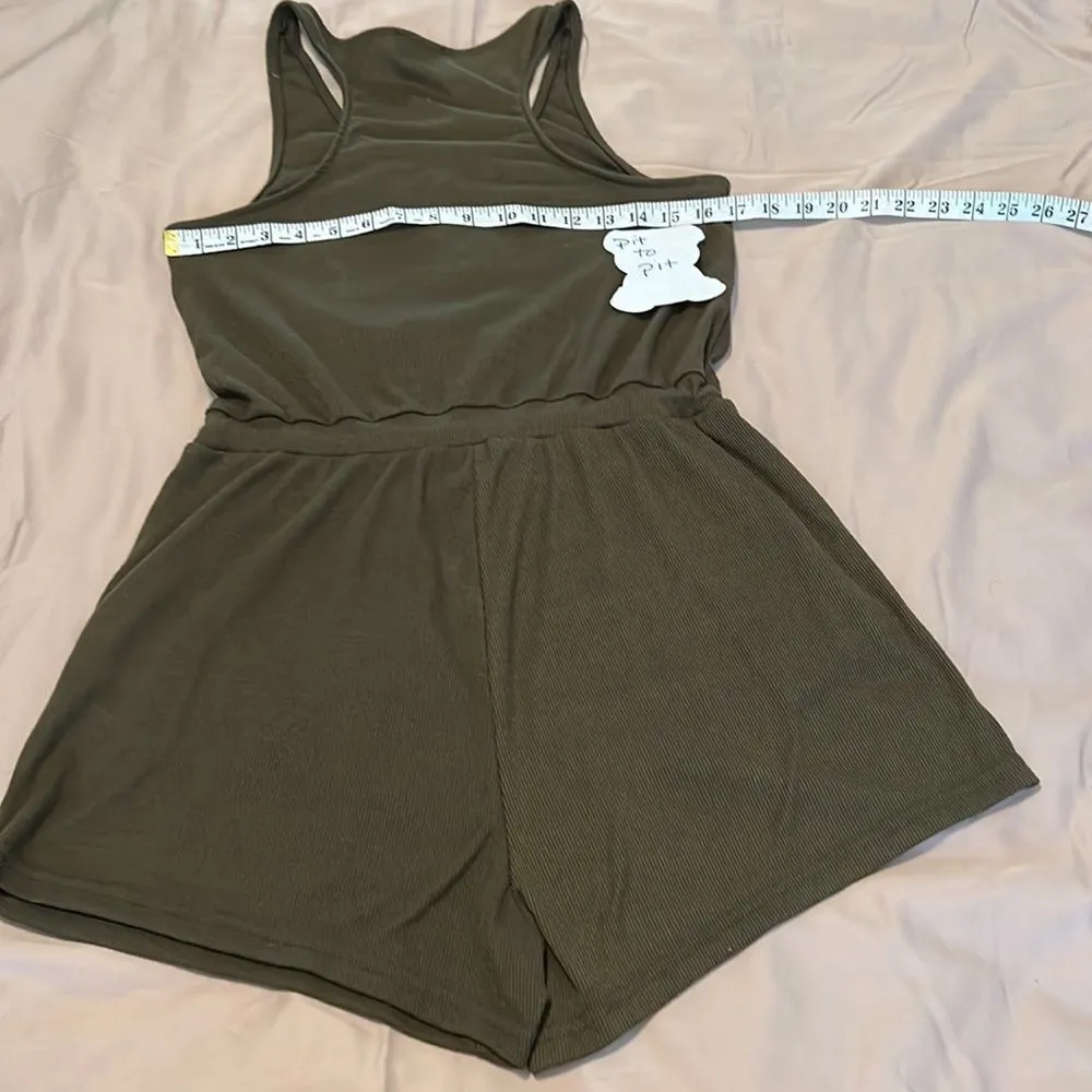 Shosho army green drawstring waist sleeveless romper pockets summer - Image 2