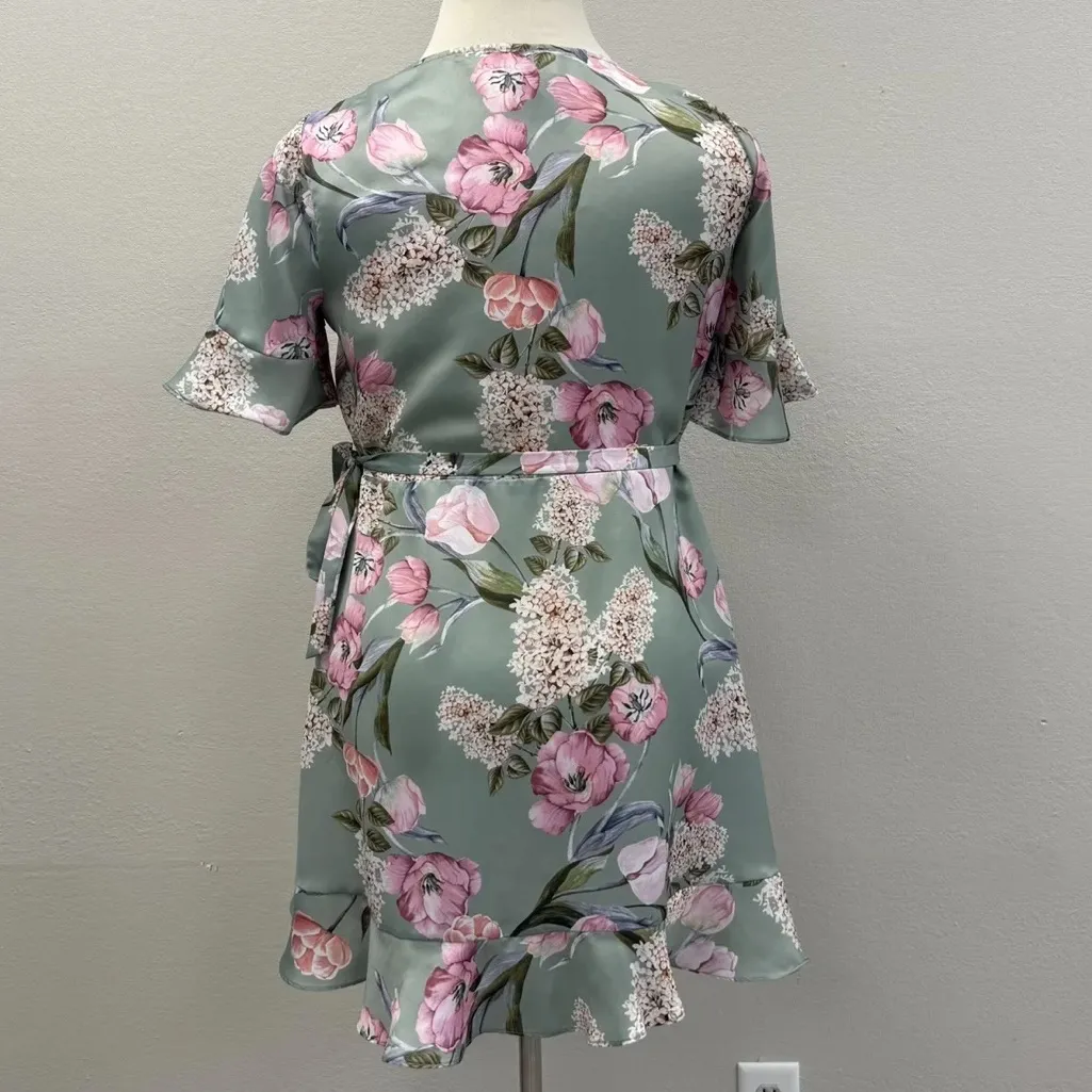 Show Me Your MuMu Green Floral Evelyn Mini Wrap Dress - Size Large - Image 5