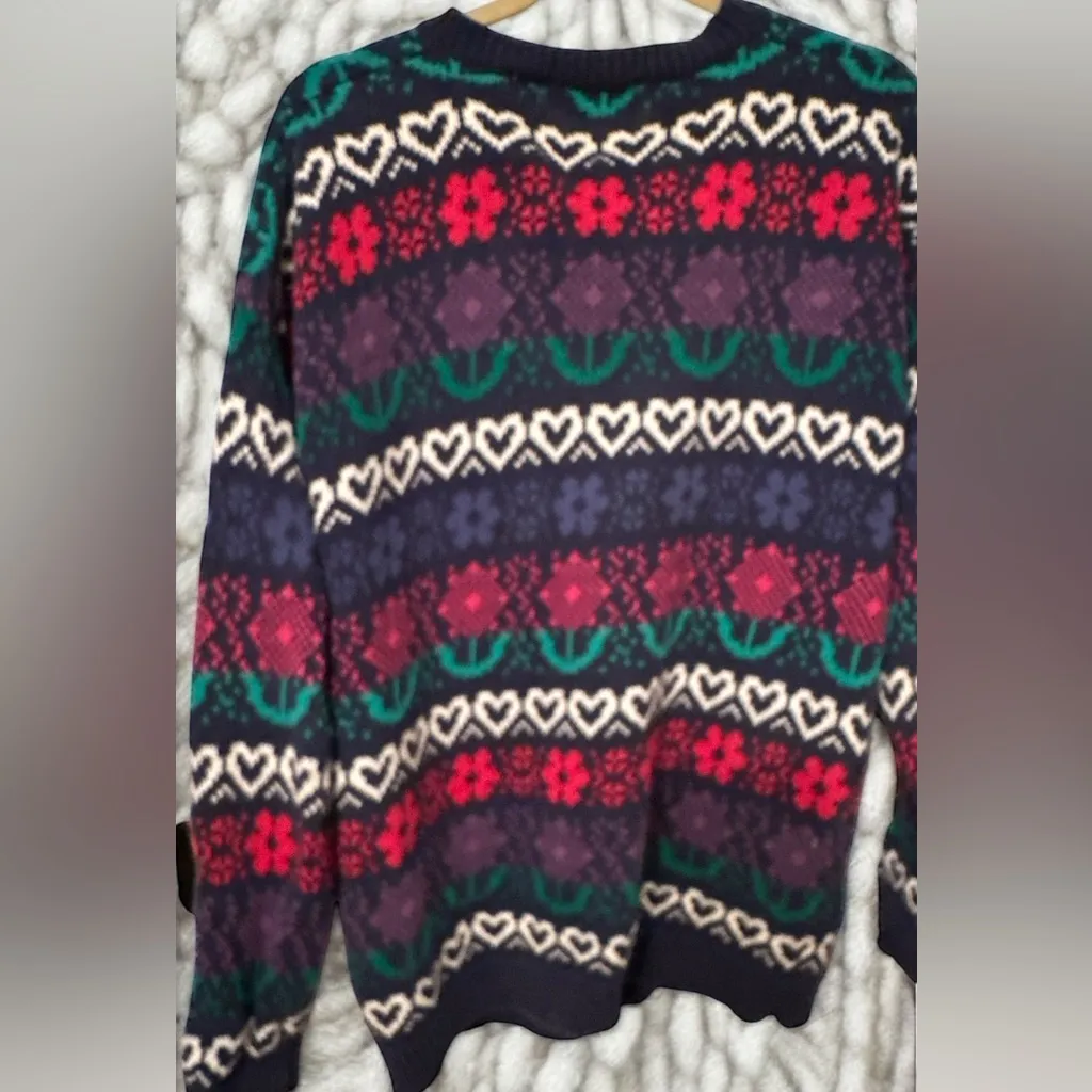 Vintage ASHLEY Hand knit cardigan Size L Hearts and Flowers cottagecore Blue Size L - Image 7