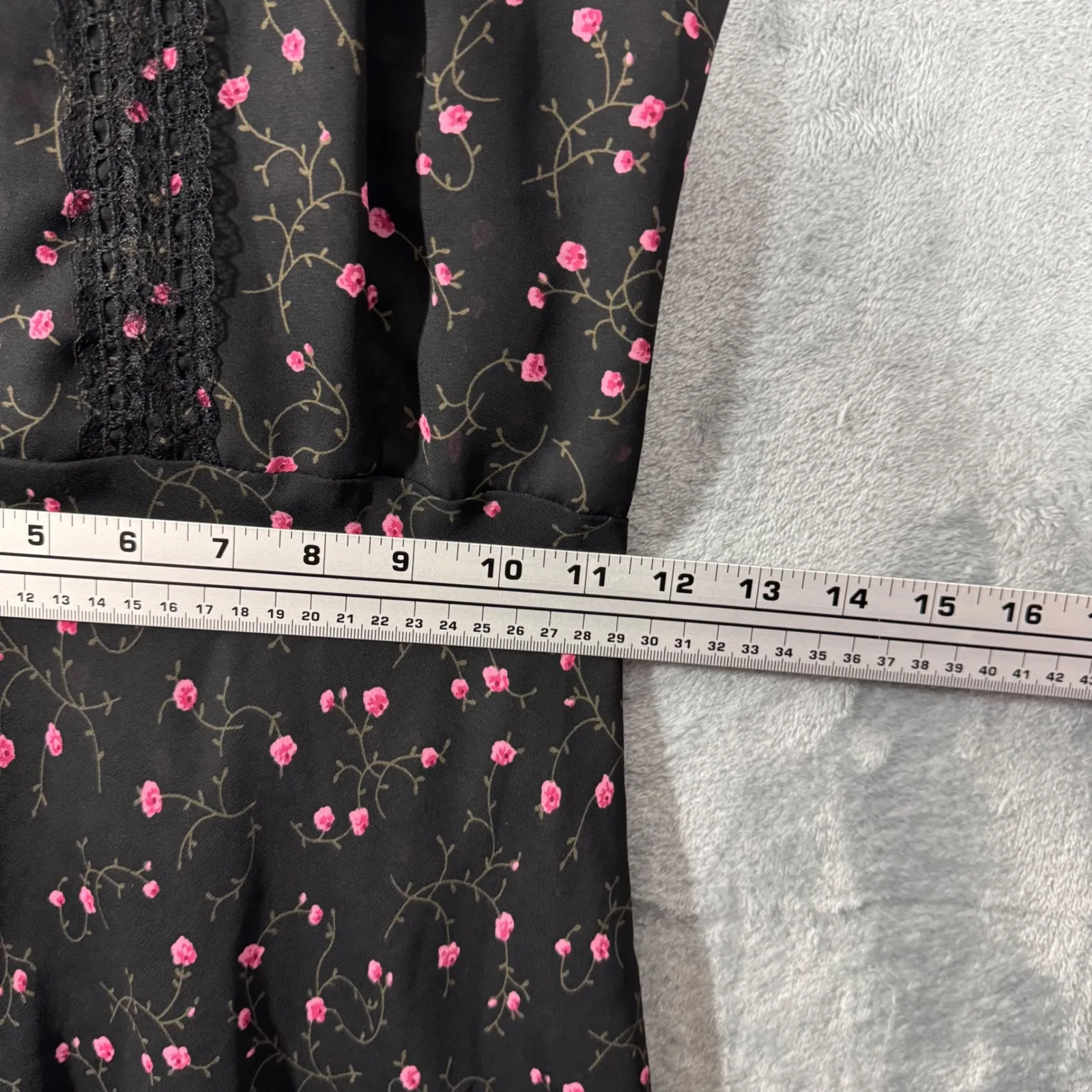 Vintage Windsor Black Floral Print Lace Trim Flutter Sleeve Midi Dress Size S - Image 12