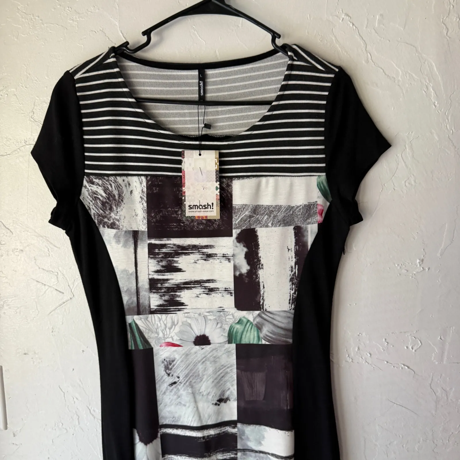 Smash! Graphic Patchwork Print Dress NWT Size L Floral Stripe Colorblock Artsy Black Size L - Image 2