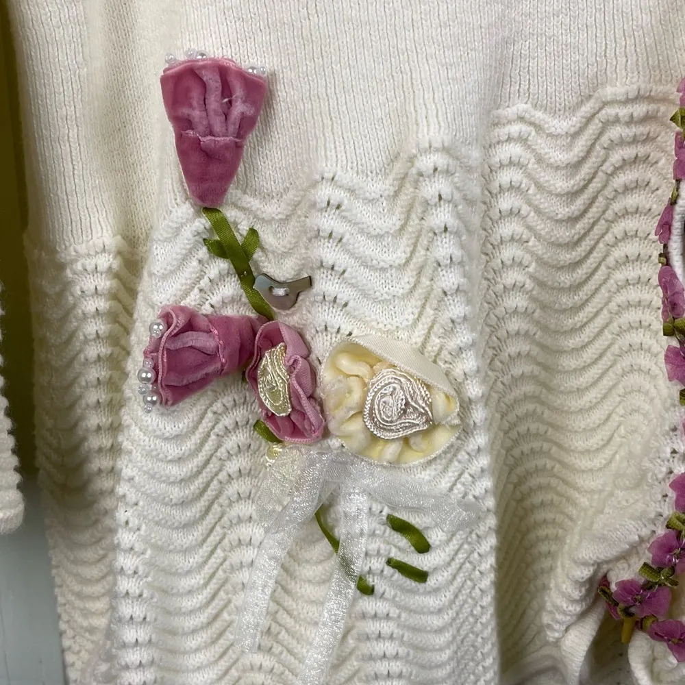 NorthStyle Womens Flower Embellished Cardigan Pointelle Knit Size XL Cottagecore Pink - Image 8