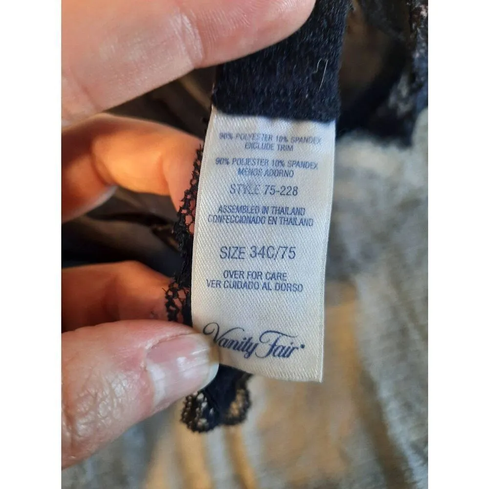 Vintage Vanity Fair Bra Size 36B Black Lace Lined Underwire 75-228 Satin Trim - Image 3
