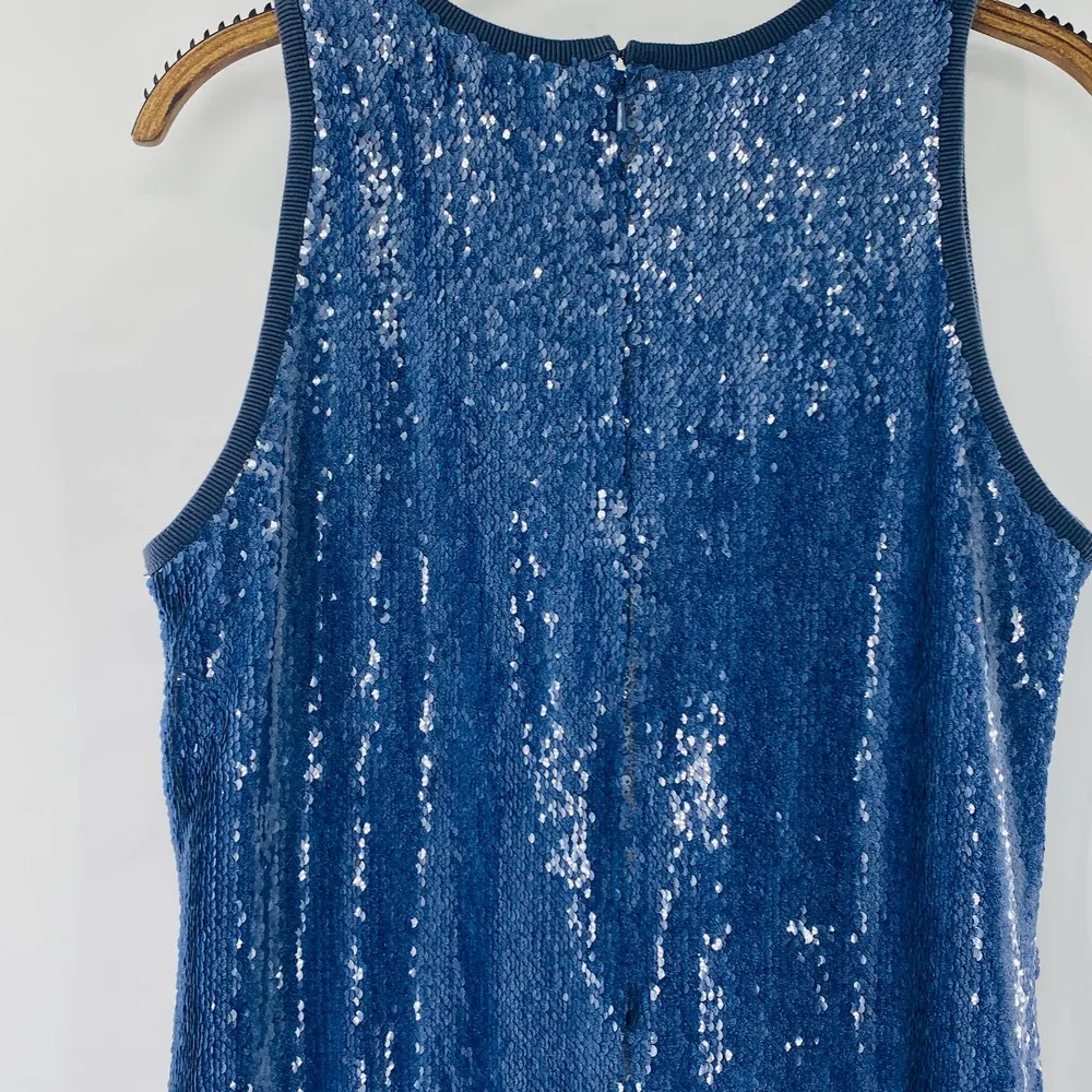 Carmen Marc Valvo Denim Blue Sequin Sleeveless Shift Dress Size 6 Small - Image 11