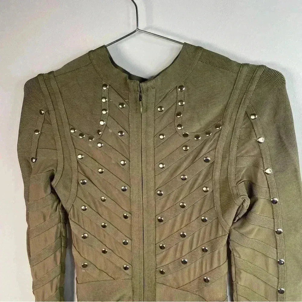 House of CB London Olive Green Mesh Bandage Mini Dress With Gold Studs - Image 5