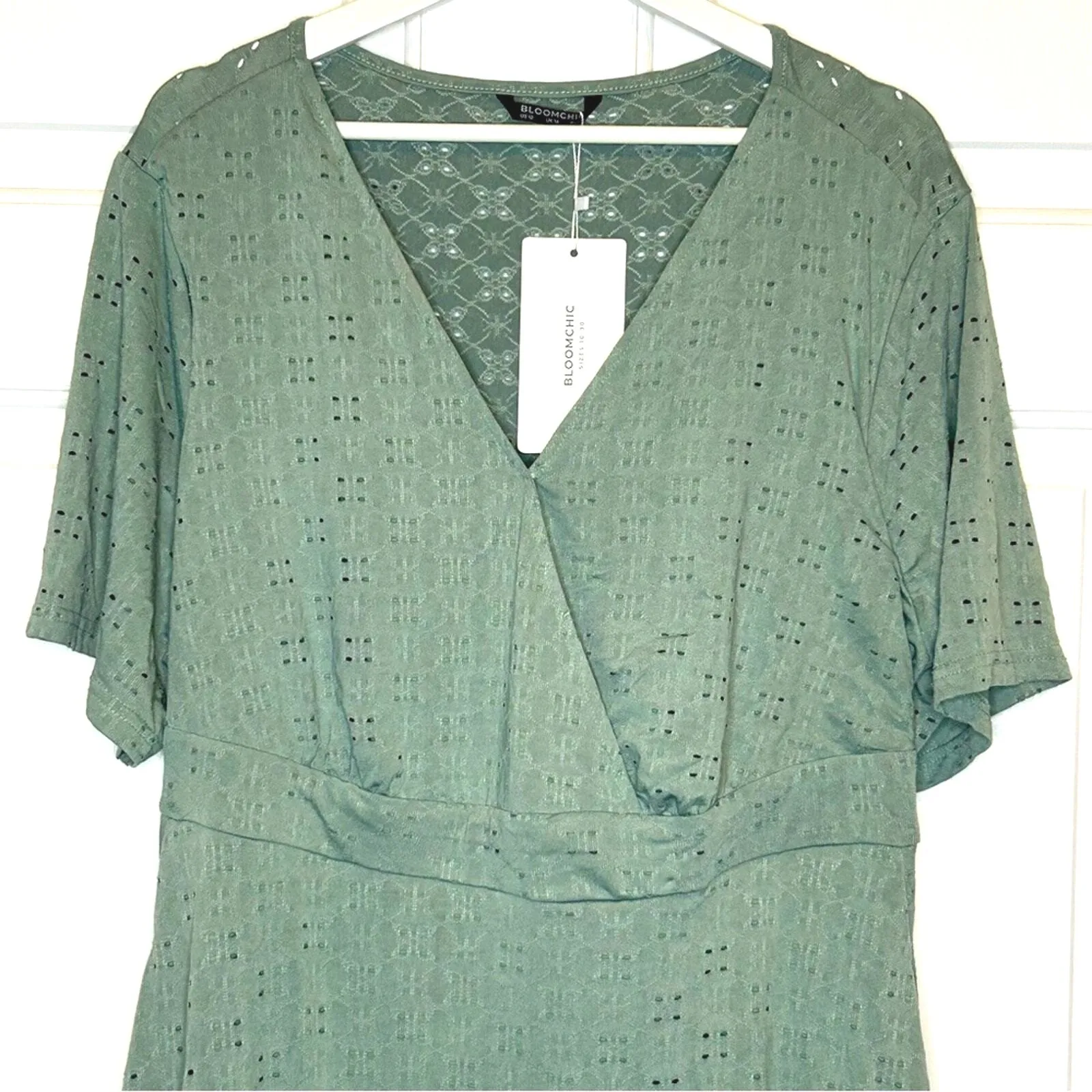 Bloomchic Eyelet Dress Plus Size Short Sleeve Sage Green Midi with Pockets‎ 12 - Image 5
