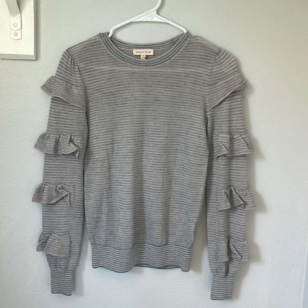 Rebecca Taylor del Ruffle sleeve Crew Neck stripe Sweater wool alpaca size XS - Image 2