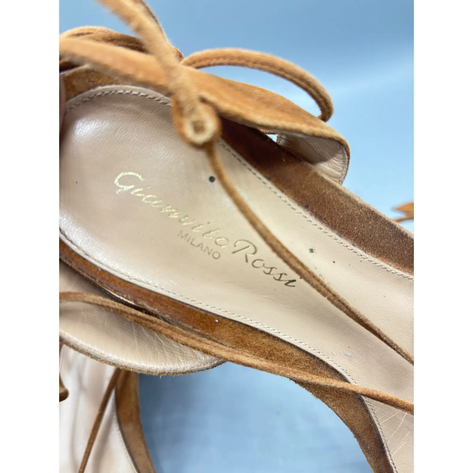 Gianvito Rossi Suede Lace Up Flat Sandals Tan Brown Women's Size 38.5 - Image 5