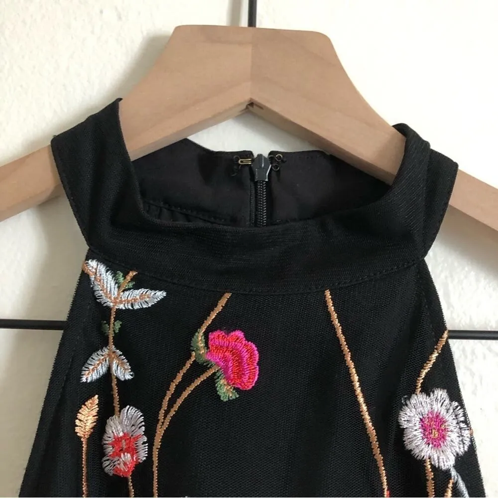 Guess Black Embroidered Floral Open Shoulder High Neck Bell Sleeves Mini Dress - Image 3