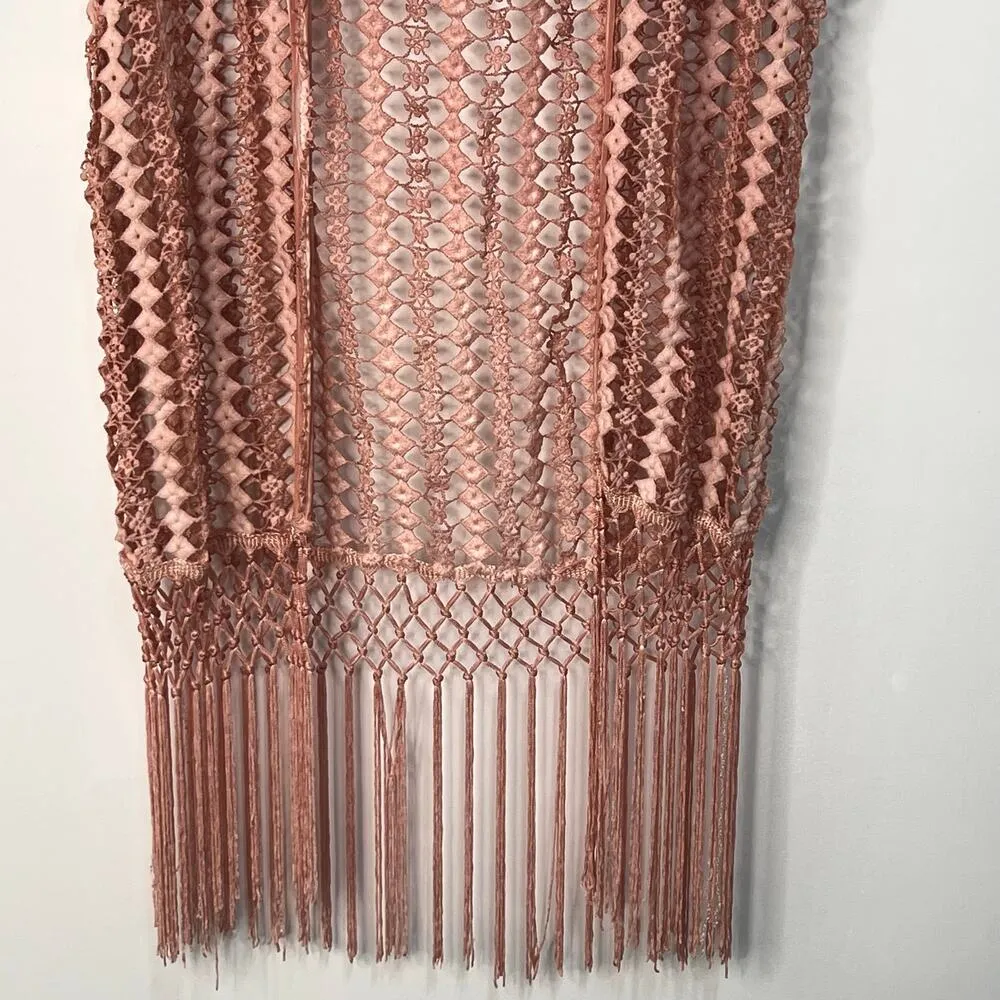 POL Duster Vest Crochet Fringe Trim Hood Size S Dark Blush Pink Boho Rave Indie - Image 5