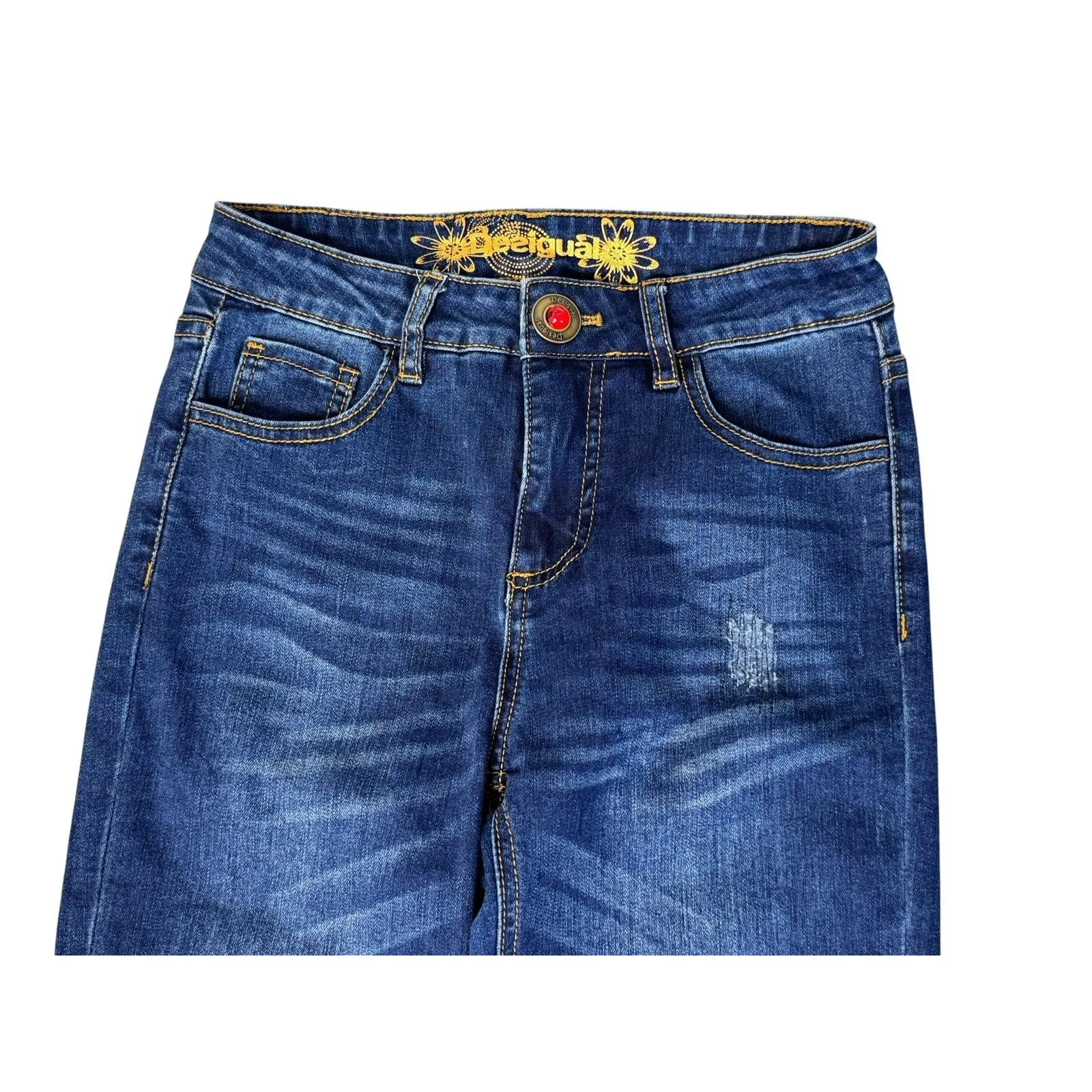 DESIGUAL Exotic Sequin Embroidered Metallic Floral Zip Ankle Skinny Jeans Sz 24 - Image 6