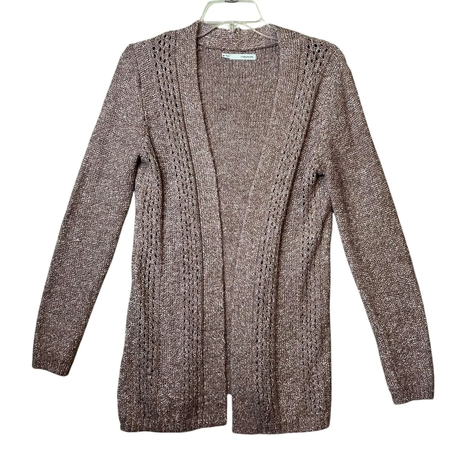Maurices Cardigan Sweater Womens Medium Taupe Heather Open Front Pointelle Knit - Image 2