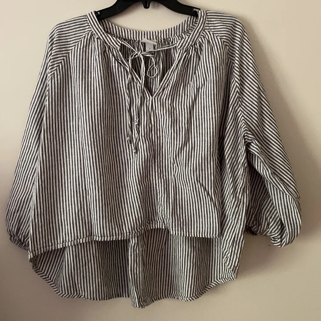 A new day linen blend long sleeve shirt top blouse striped ballon sleeves small - Image 2