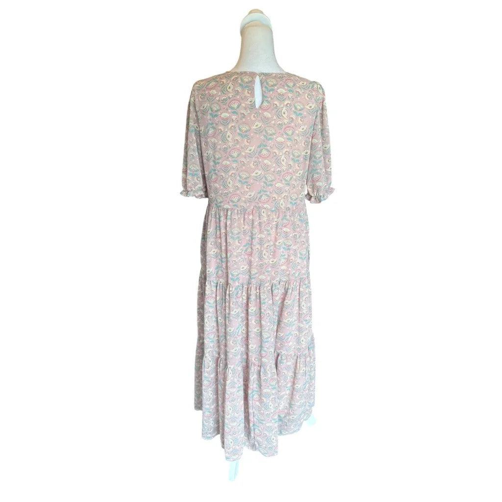MELLODAY Floral Pink Tiered Dress Midi Maxi Dress Puff Sleeve Womens Medium - Image 2