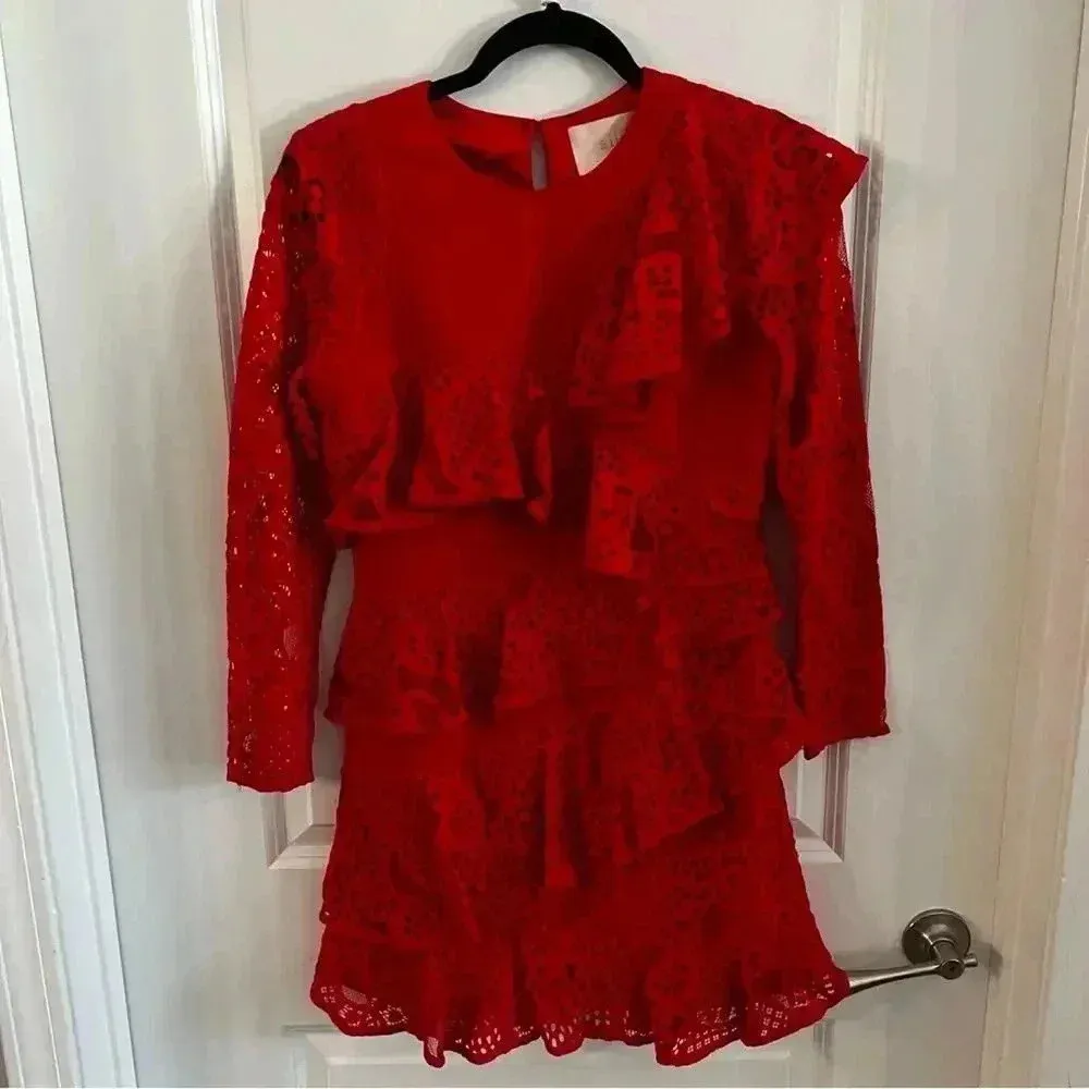 203 Aijek Mae Ruffled Long Sleeve Lace Dress Red Size 2 - Image 2