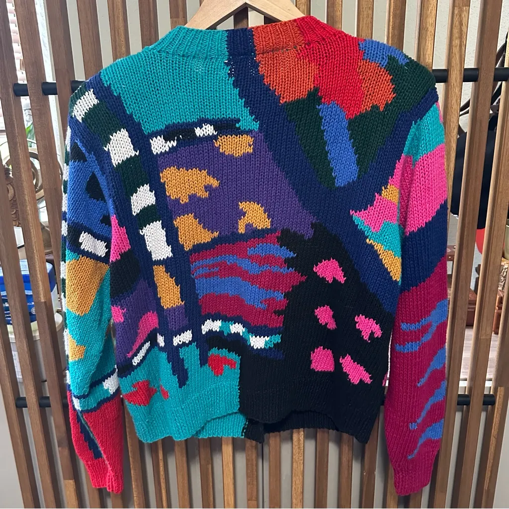 Passports Pier 1 VTG Cardigan Sweater Abstract Multicolored Women Sm (Oversized) Red - Image 4
