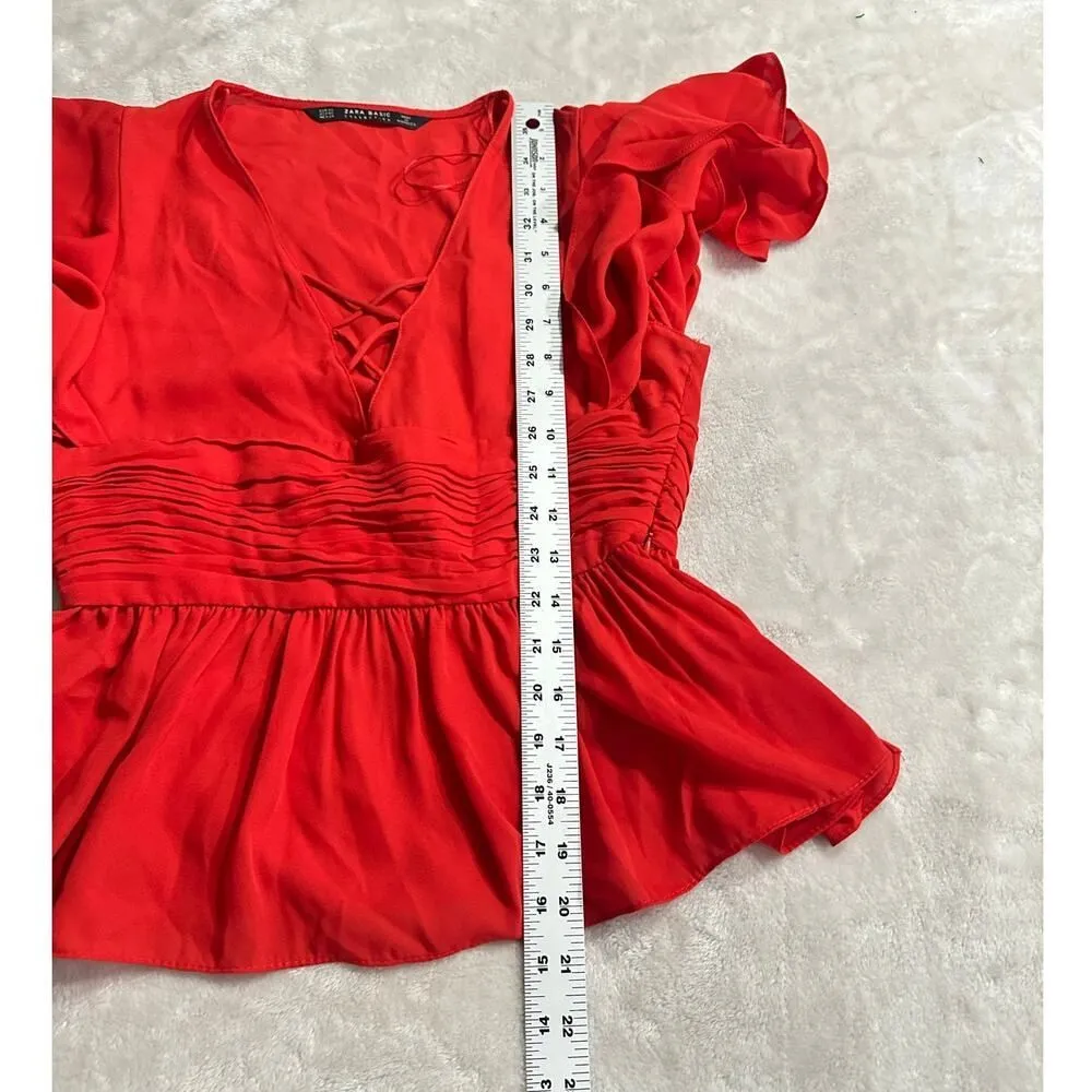 Zara Basic Blouse Women's XS Red Ruffle Sleeves Peplum V-Neck Cross Front Zip Up - Image 7