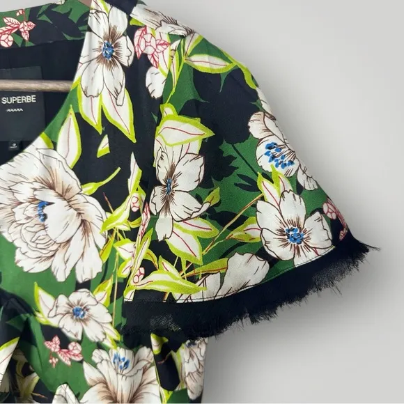 Le Superbe Gardenia Floral Midi‎ Dress Size 4 Green Black Tie Front Slit - Image 9