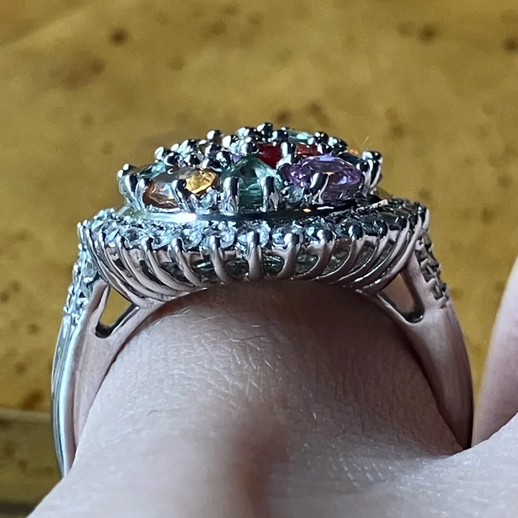 Natural Multi Color Sapphire Sterling Silver Cocktail Ring Size 7.25 - Image 2