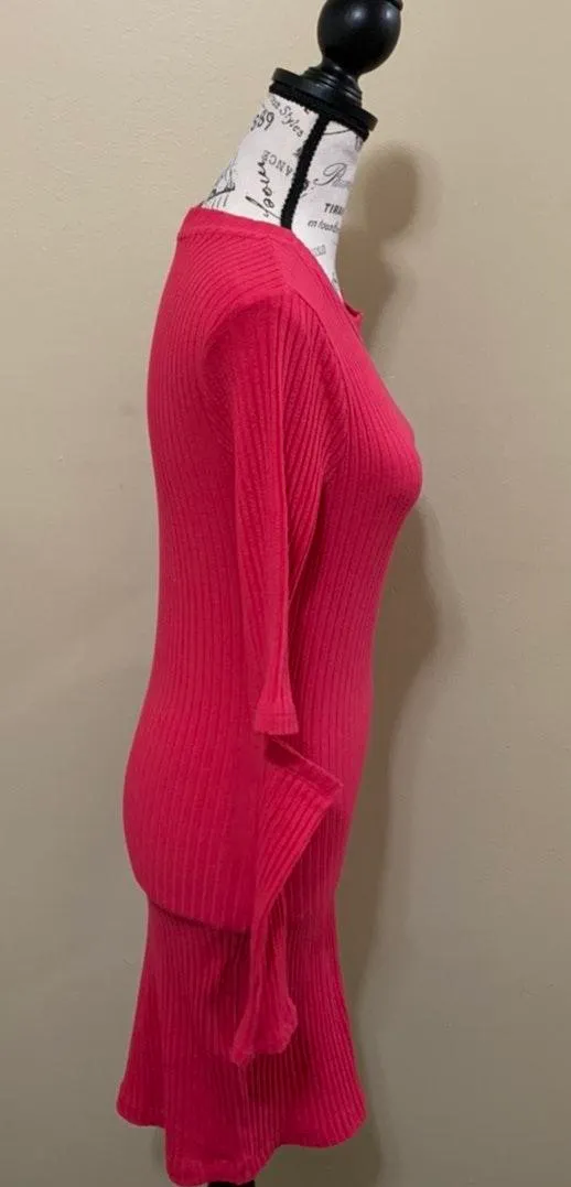 Lush Pink Ribbed Elbow Slit Bodycon Dress Medium - Image 6