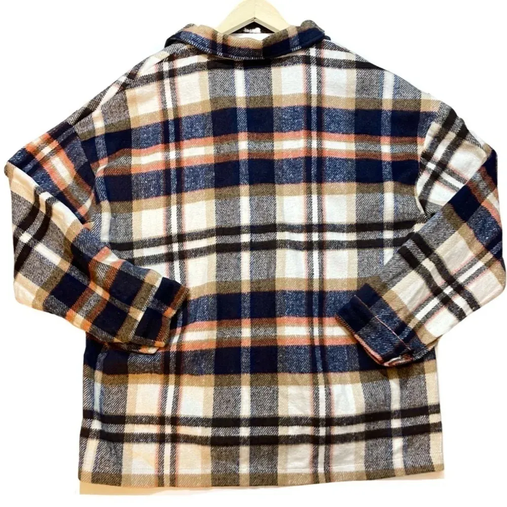 Plaid Flannel Oversized Button Up Shirt Jacket Tan Size 2X - Image 5