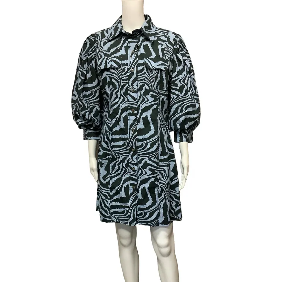 Ganni Blue Black Zebra Animal Print Puff Sleeve Mini Dress Size Small - Image 7
