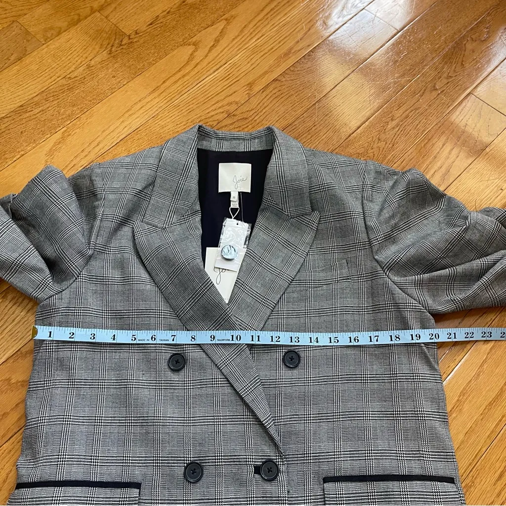 Joie Tomika Ruched Sleeve Plaid Blazer Jacket Women Size 10 Caviar Multi Grey - Image 9