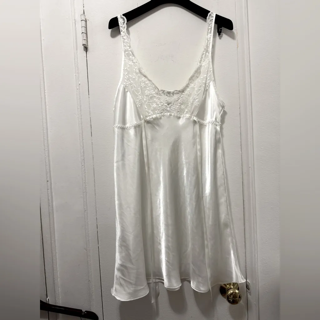 Linea Donatella Lace Charmeuse Chemise Nightgown Slip Dress Babydoll White L - Image 2