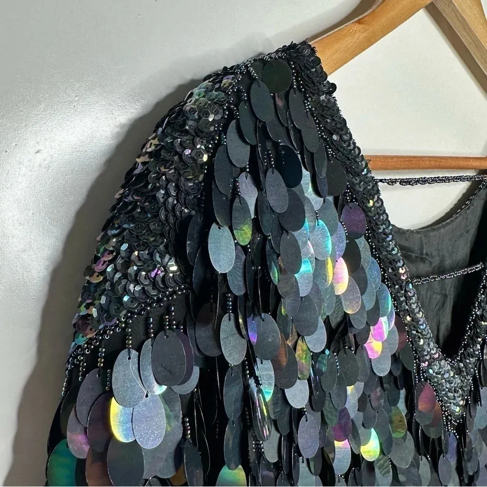 Greg Adams Vintage 80’s Pure Silk Sequin Beaded Flapper Style Party Dress M Black Size M - Image 3