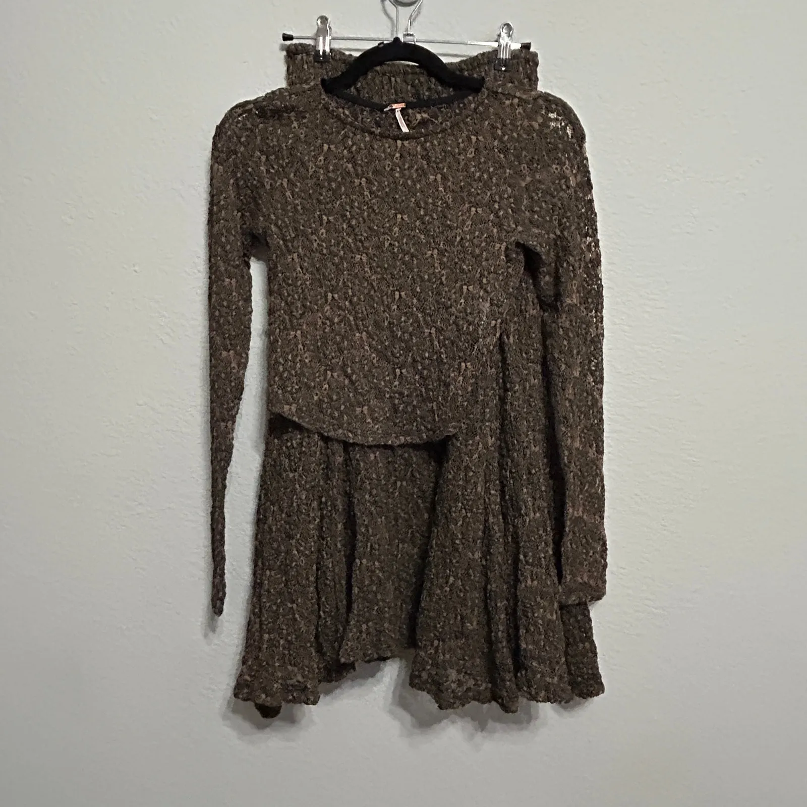 NEW Free People Laney Crop Long Sleeve Brown Black Lace Midi Skirt Set XS Dainty - Image 8