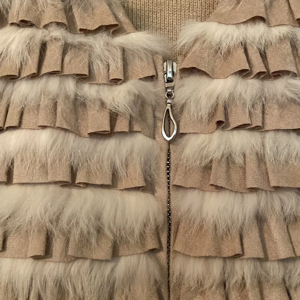 Dana Stein rabbit animal fur vest super soft zip up crochet knit sweater vest Tan Size L - Image 3