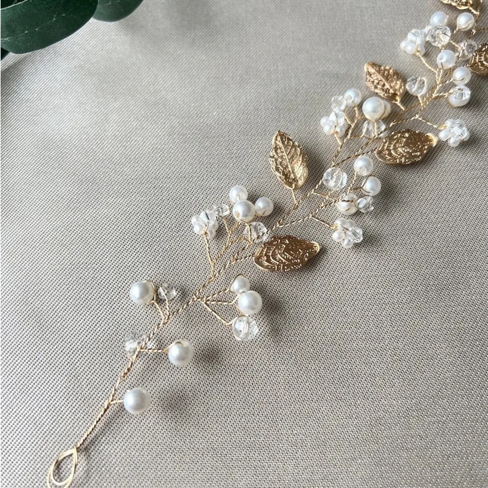 Bridal hair accessories, gold with pearls, flowers and leaves, jewelry, hairband - Image 4